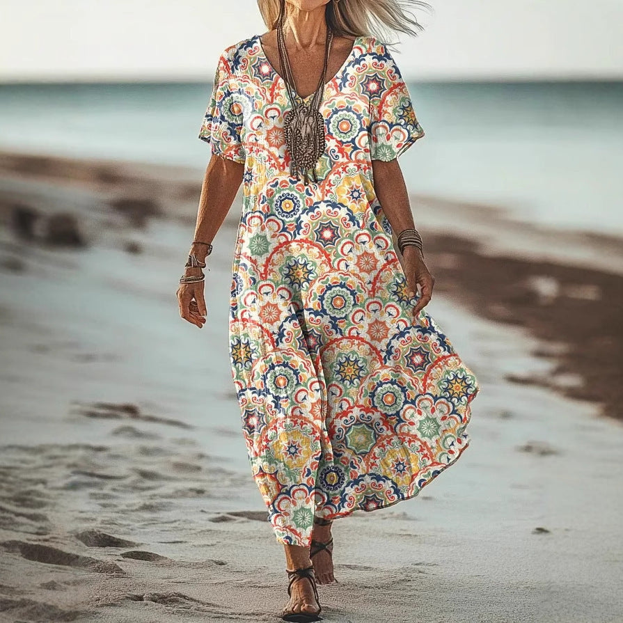 Creative Floral Womens V-Neck Short-Sleeve Dress