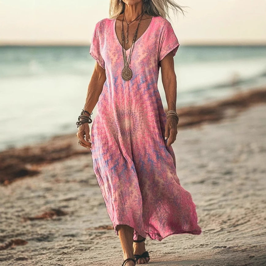 Creative Floral Womens V-Neck Short-Sleeve Dress