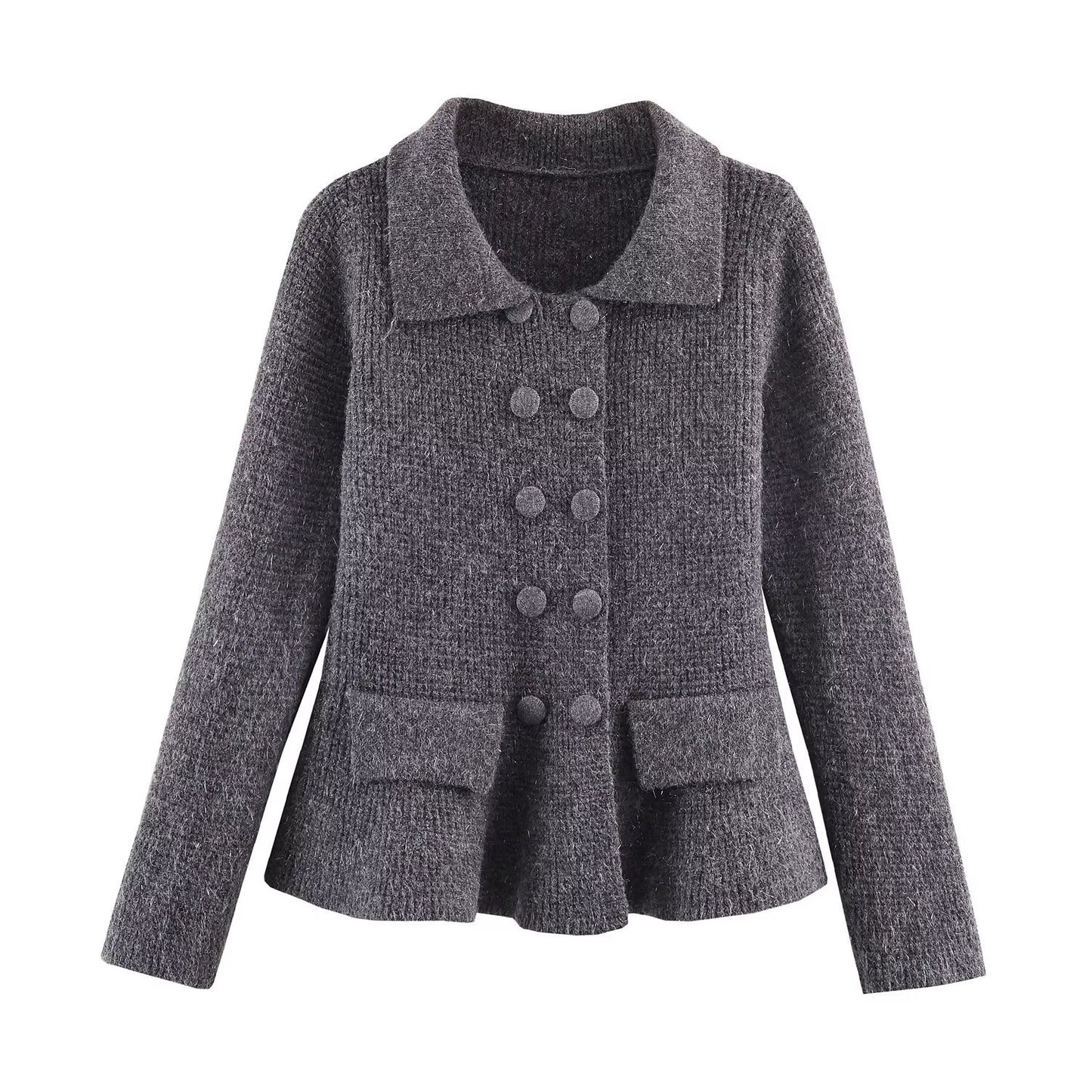 Casual Pocket Decoration Lapel Knit Sweater Jacket For Women