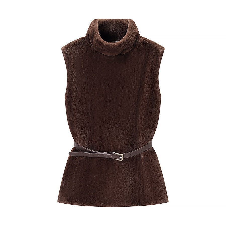 Casual Minimalist Waist Belt High Neck Fur Vest
