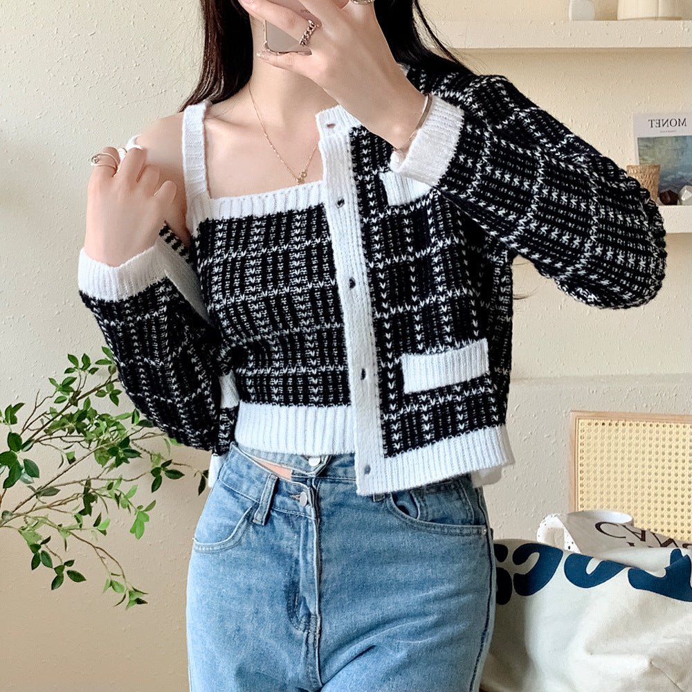 Knit Cardigan Tweed Needle Inner Wear Trendy Two-piece Set