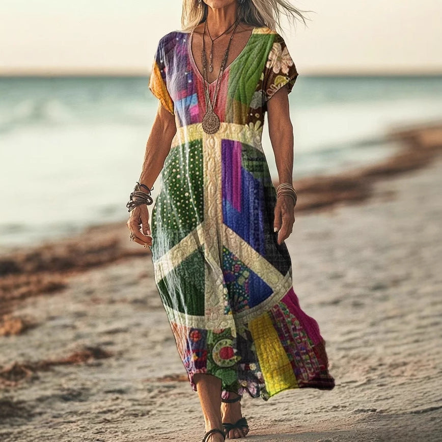 Creative Floral Womens V-Neck Short-Sleeve Dress