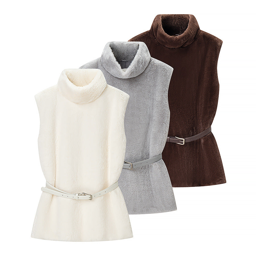 Casual Minimalist Waist Belt High Neck Fur Vest