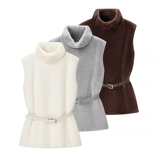 Casual Minimalist Waist Belt High Neck Fur Vest