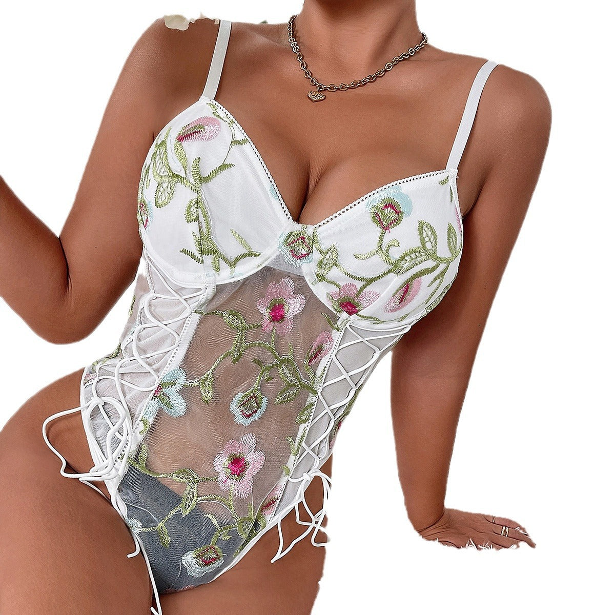 Flower Embroidery Sexy See-through Design Strappy New Camisole Jumpsuit