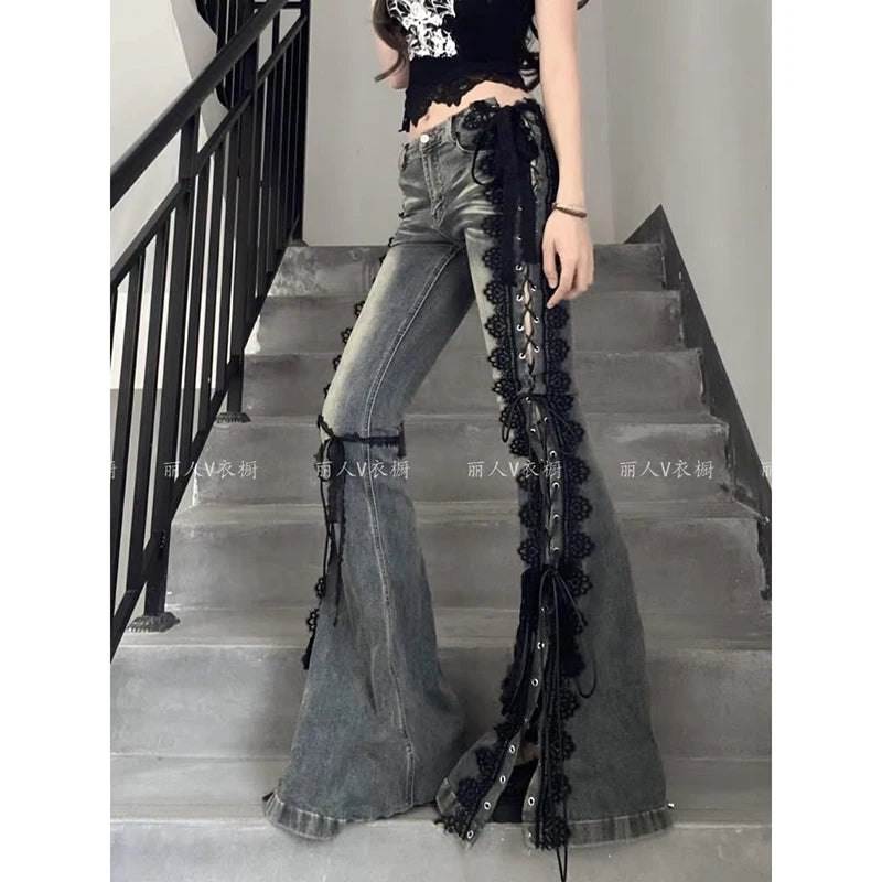 Knowhere YIBASHU Women Dark Academia Lace Jeans