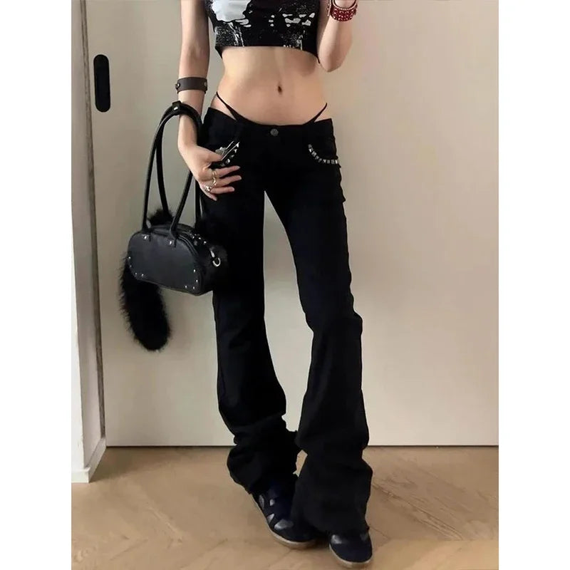 Knowhere PSG Women Vintage Black Low Rise Flared Jeans