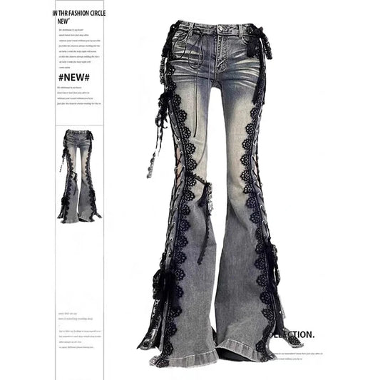 Knowhere YIBASHU Women Dark Academia Lace Jeans