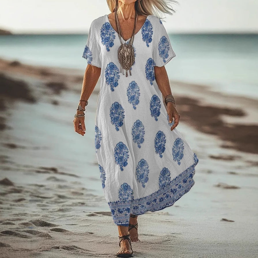 Creative Floral Womens V-Neck Short-Sleeve Dress