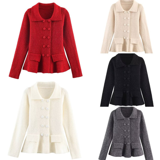 Casual Pocket Decoration Lapel Knit Sweater Jacket For Women
