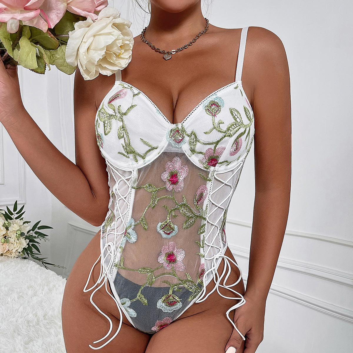Flower Embroidery Sexy See-through Design Strappy New Camisole Jumpsuit